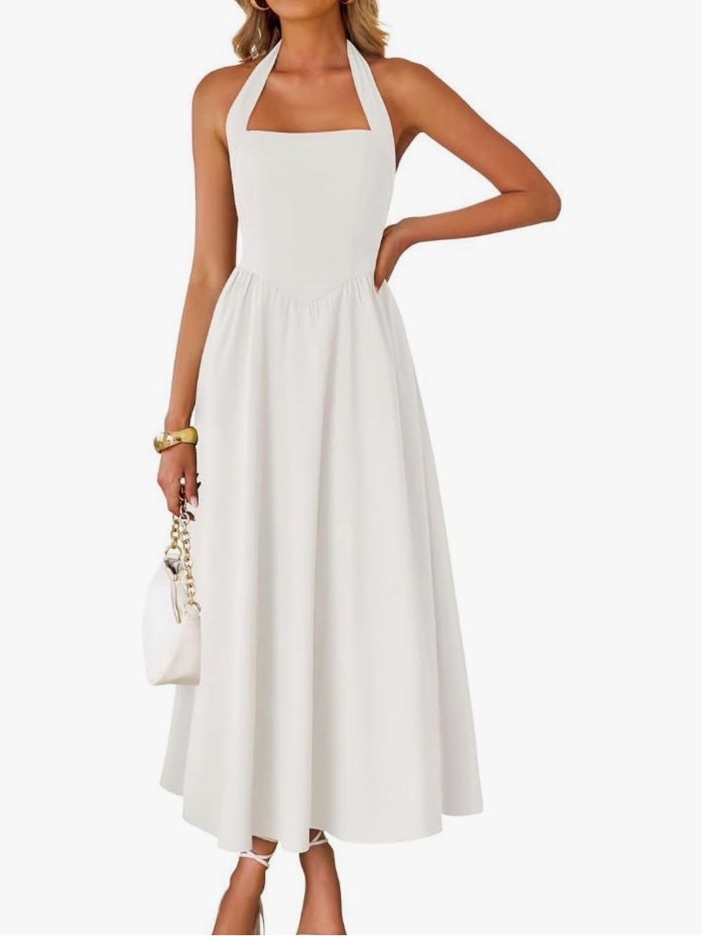 White Basque Waist Halter Maxi Dress- Medium